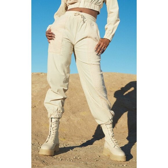 NWT PRETTYLITTLETHING STONE BORG PANEL OVERSIZED SPORT JOGGERS Size M Color Ston - Picture 1 of 10